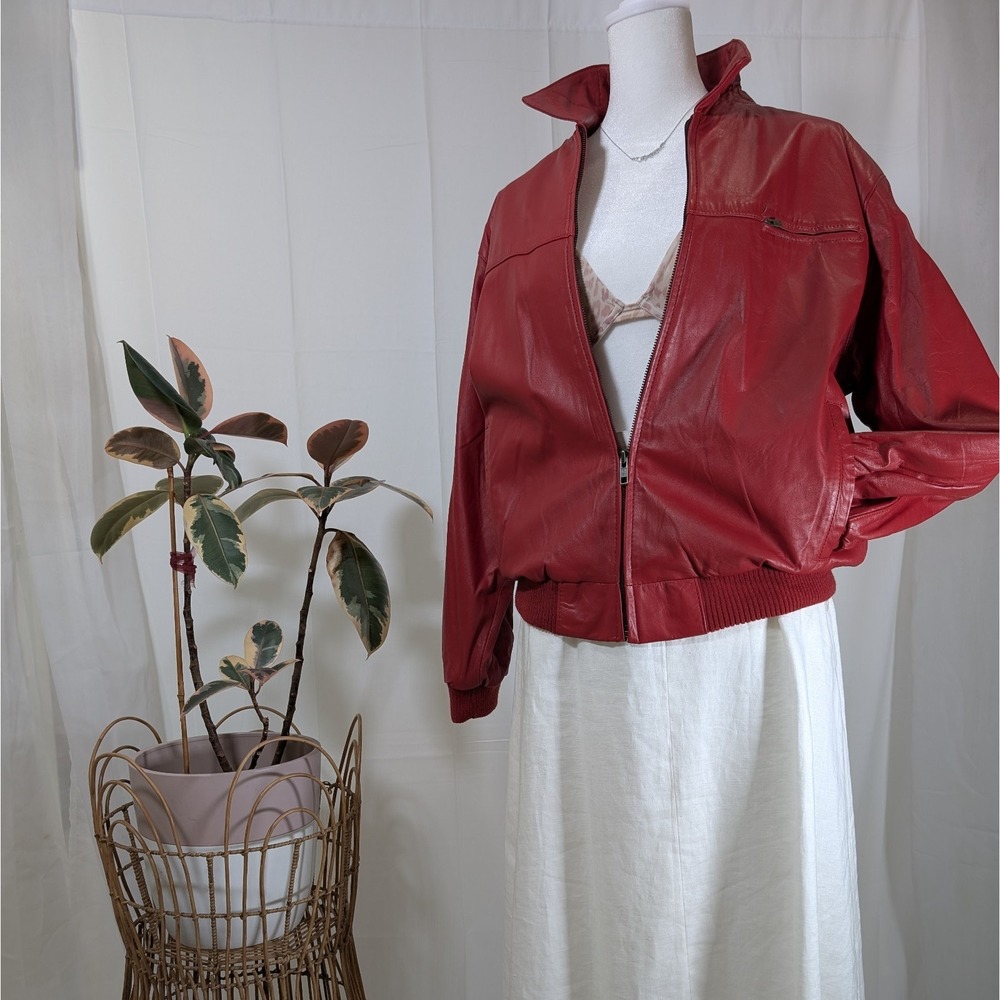 Jubian Tokyo TFC Genuine‎ Red Leather Bomber Jacket Size L Men Women 90s vibe - Picture 4 of 13